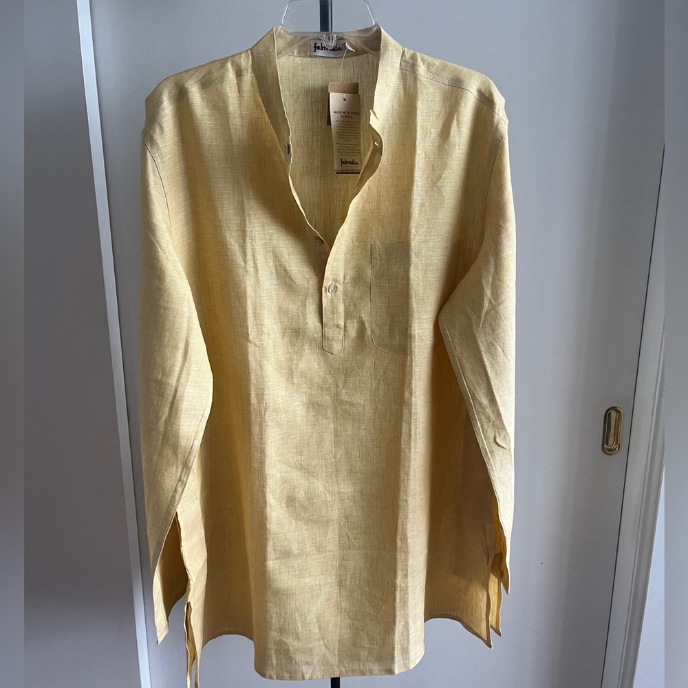 NWT FABINDIA Men 100% Linen Woven Nehru Kurta Mustard Yellow Festive Large Sz 40